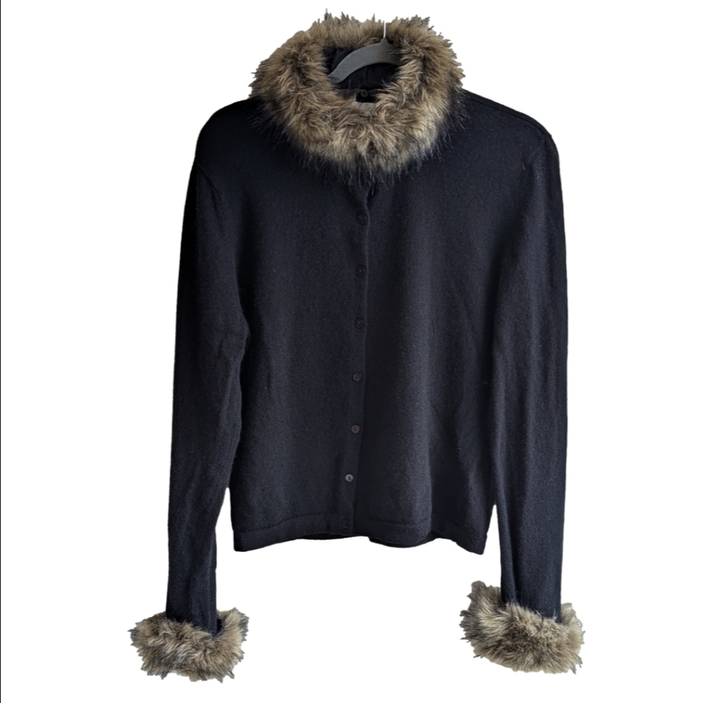 Vintage Wool Cardigan Angora Penny Lane Faux Fur Black L